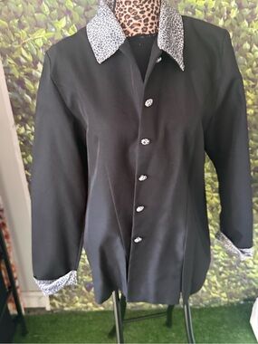 Black Button-Up Jacket with Leopard Trim 103